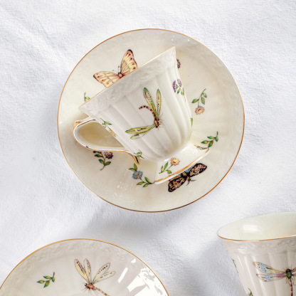 歐式昆蟲圖案陶瓷咖啡杯碟套裝