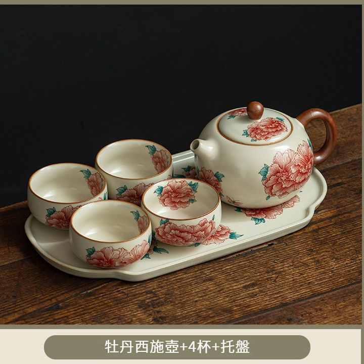 汝窯牡丹花西施壺套組