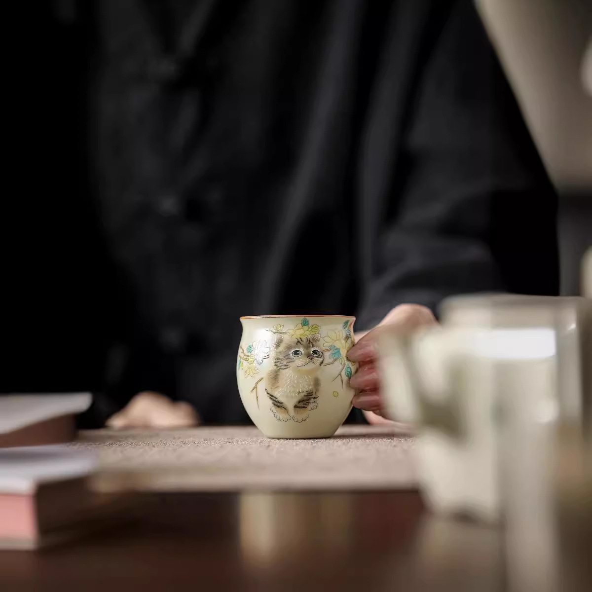 米黃汝窯貓咪主人杯
