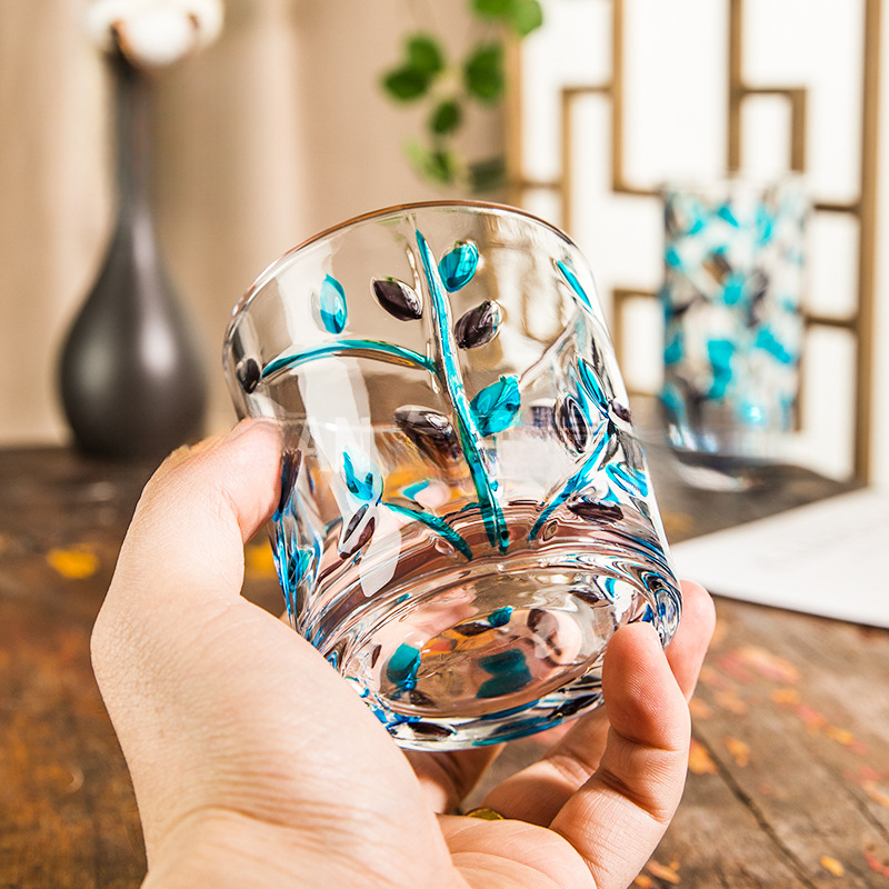 手工彩繪樹枝玻璃刻畫水杯