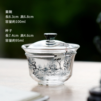 松鶴耐熱玻璃蓋碗茶杯