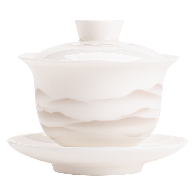 羊脂玉瓷水墨遠山三才蓋碗