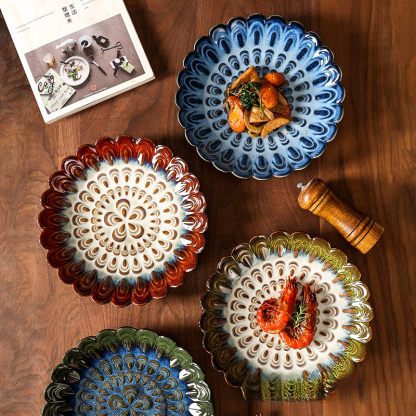 日式窯變陶瓷花瓣盤