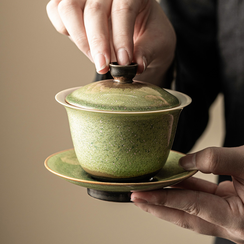 窯變星空翠綠復古三才蓋碗