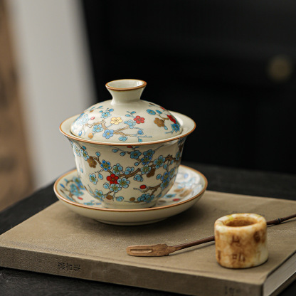 汝窯金梅復古青花三才蓋碗