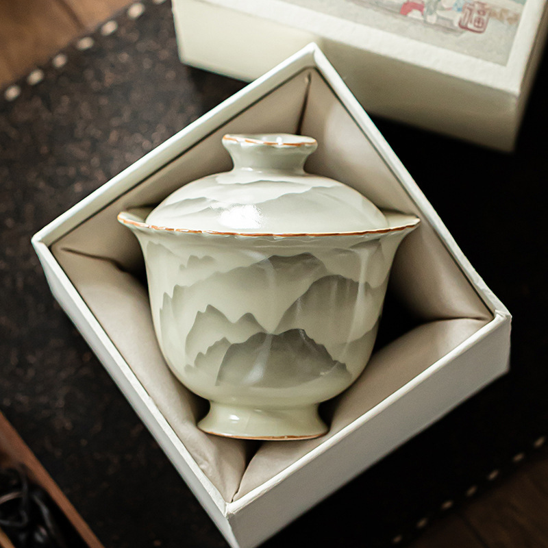 復古山山如花花口蓋碗