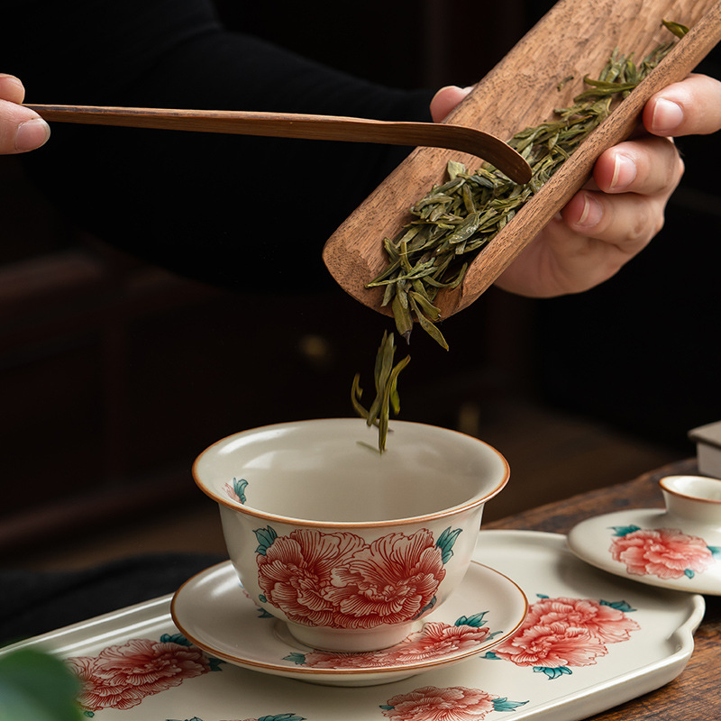 汝窯牡丹花三才蓋碗茶杯