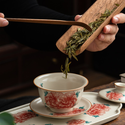 汝窯牡丹花三才蓋碗茶杯