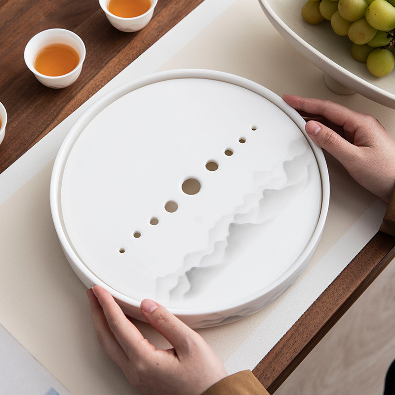 羊脂玉圓形水墨白瓷茶盤干泡臺