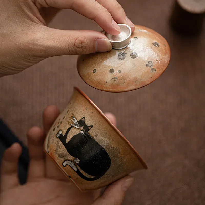 志野貓窯變手繪二才蓋碗