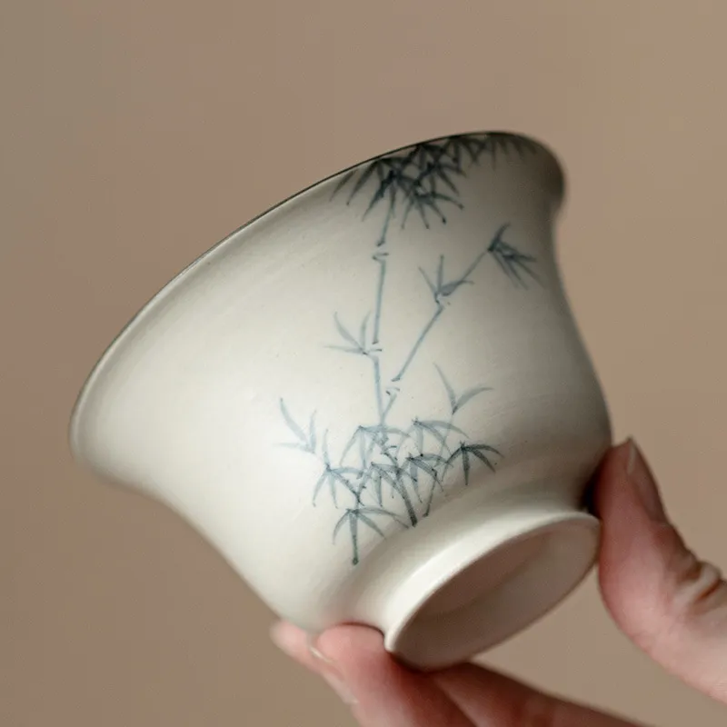粉引白手繪墨竹蓋碗