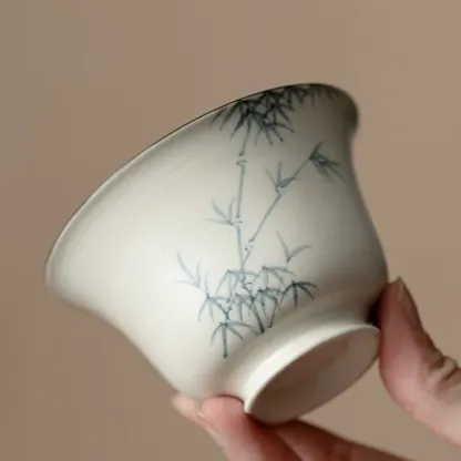 粉引白手繪墨竹蓋碗