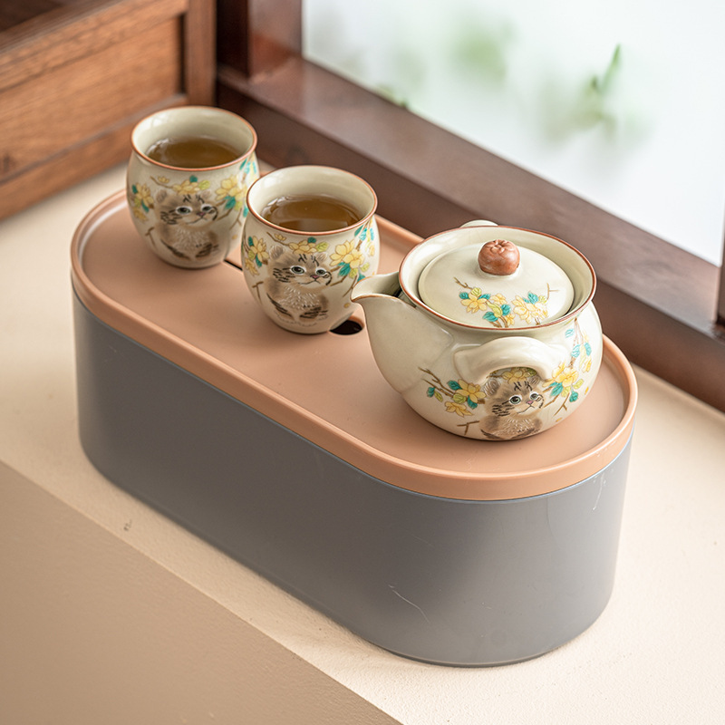 萌貓旅行茶具套裝戶外露營功夫茶手抓壺一壺二杯