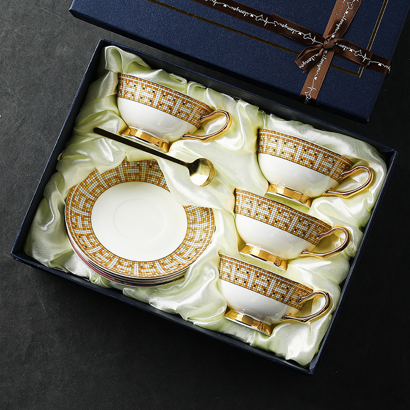 北歐輕奢金方格咖啡杯碟套裝