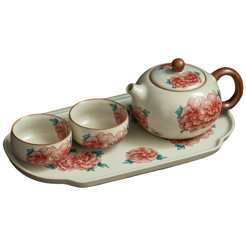 汝窯牡丹花西施壺套組