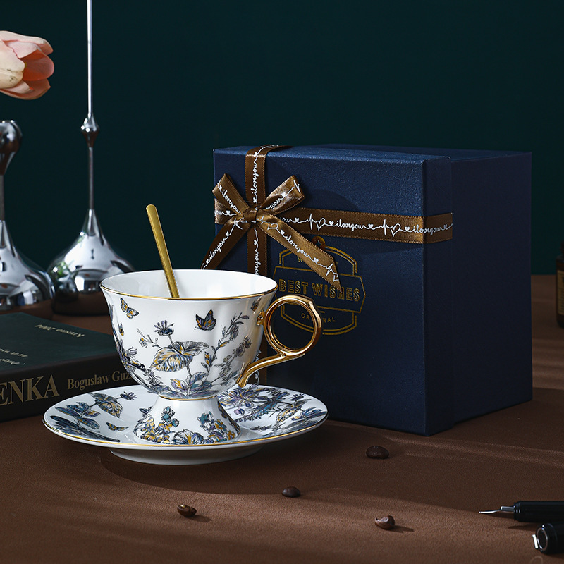 復古高腳設計歐式骨瓷咖啡杯碟套裝