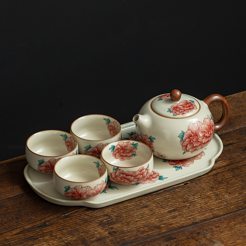 汝窯牡丹花西施壺套組