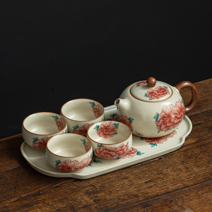 汝窯牡丹花西施壺套組