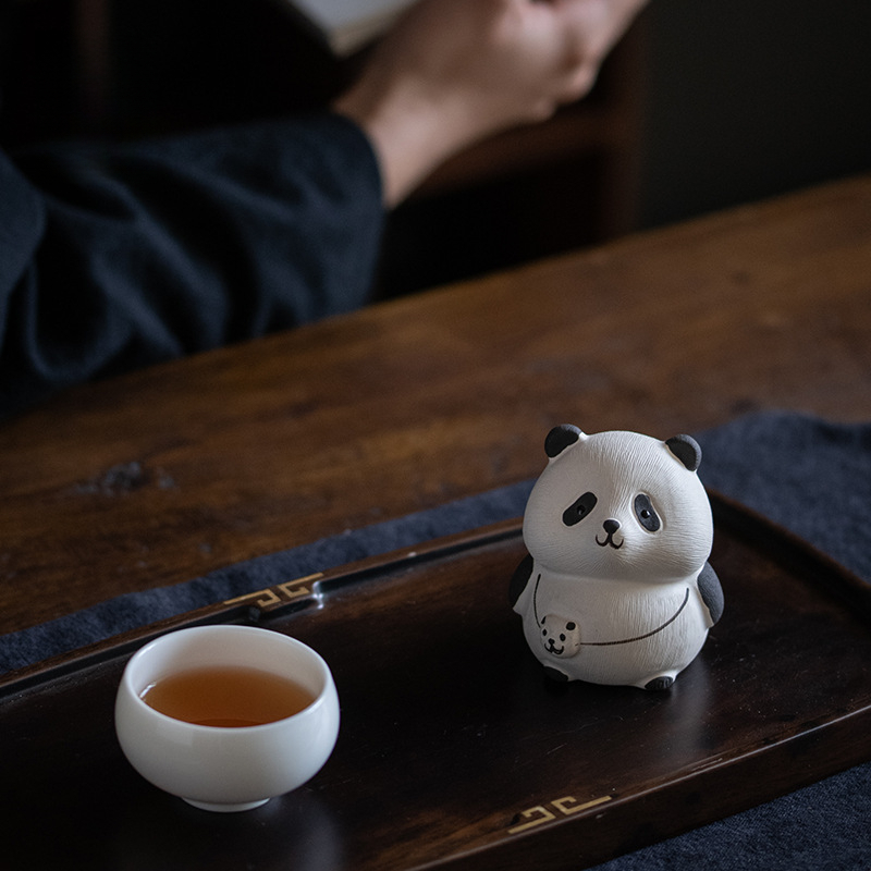紫砂茶寵 手工白段泥茶道小熊貓擺件