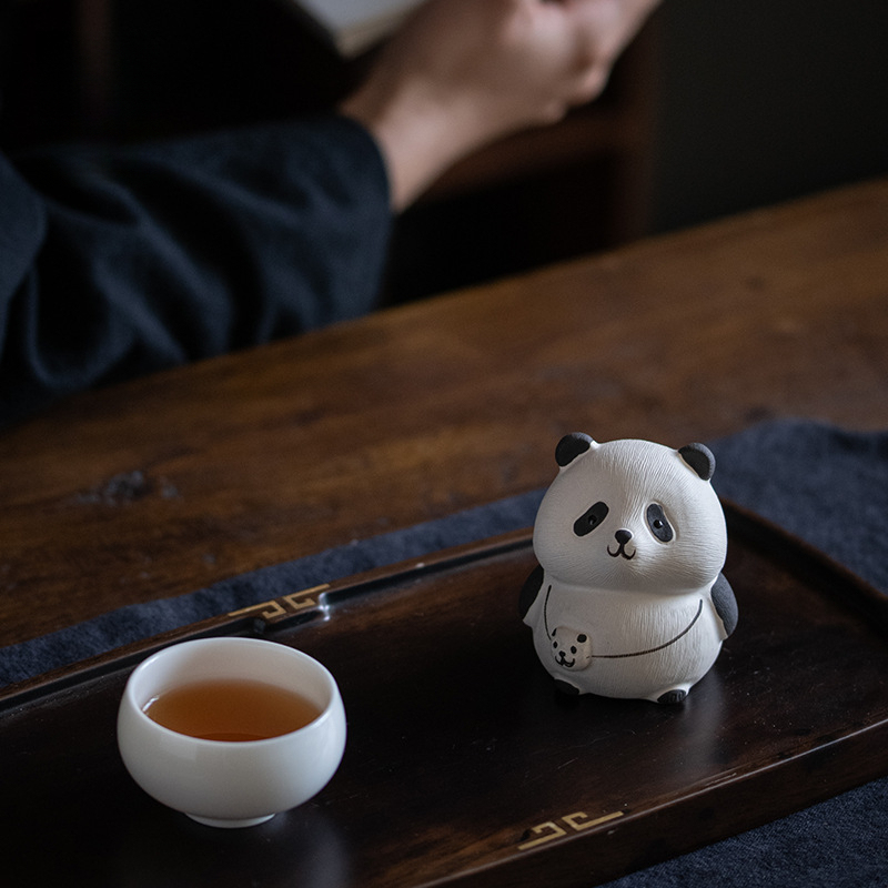 紫砂茶寵 手工白段泥茶道小熊貓擺件