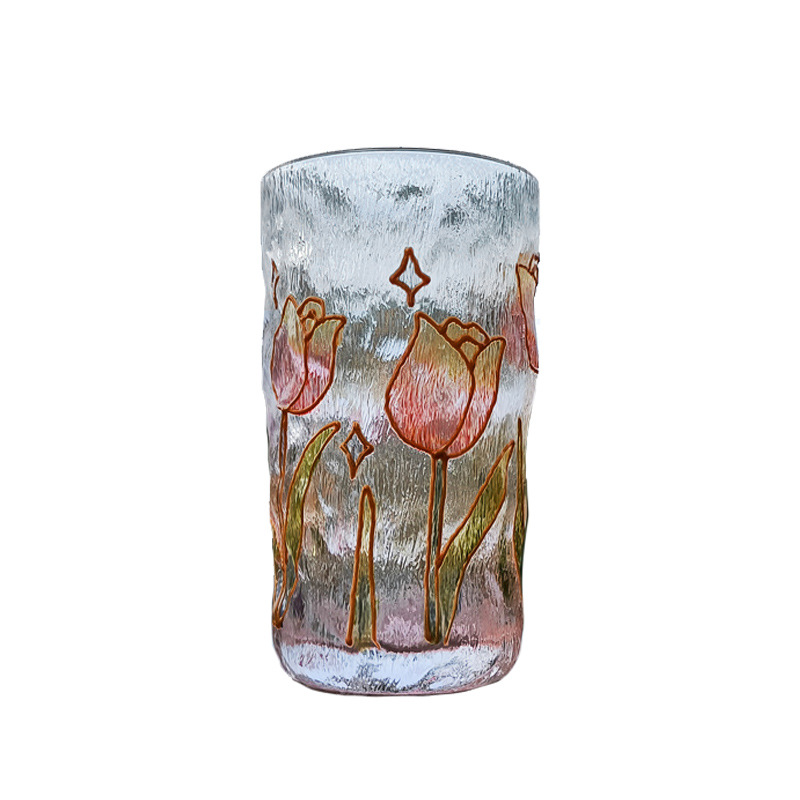 日式手繪花卉描金錘紋水晶玻璃杯