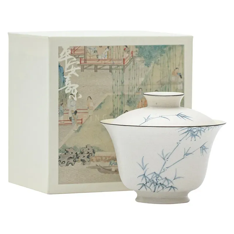 粉引白手繪墨竹蓋碗