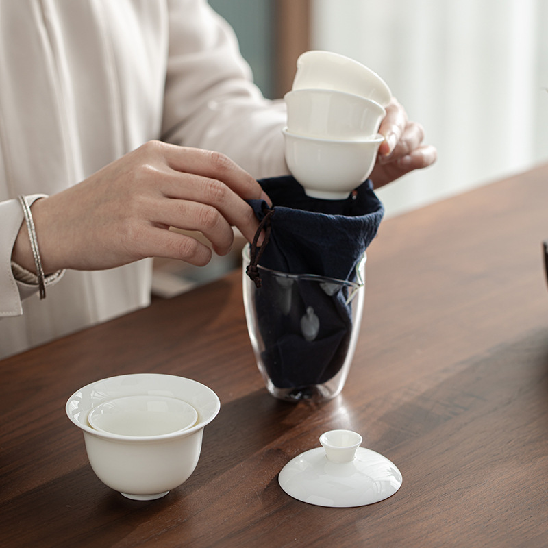 羊脂玉白瓷蓋碗茶杯快客杯茶具小套組