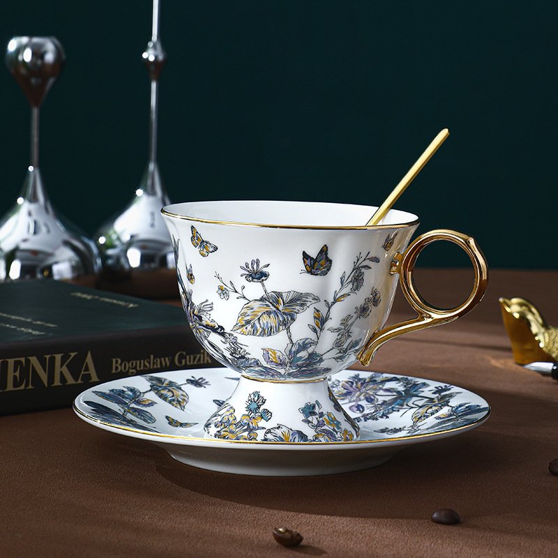 復古高腳設計歐式骨瓷咖啡杯碟套裝