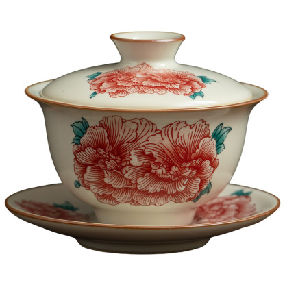 汝窯牡丹花三才蓋碗茶杯