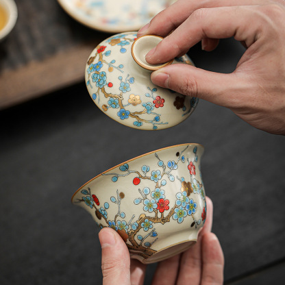 汝窯金梅復古青花三才蓋碗