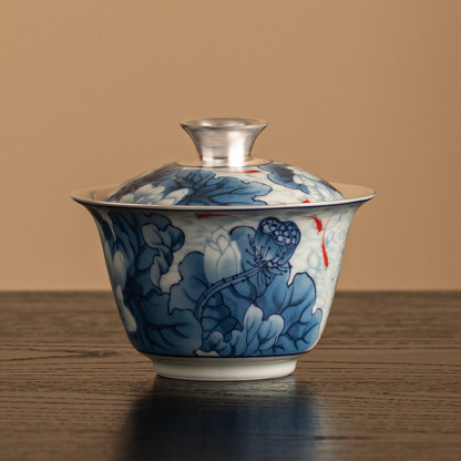 青花鎏銀養生茶壺