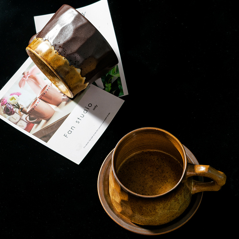 日式手工粗陶復古咖啡杯碟套裝粗陶