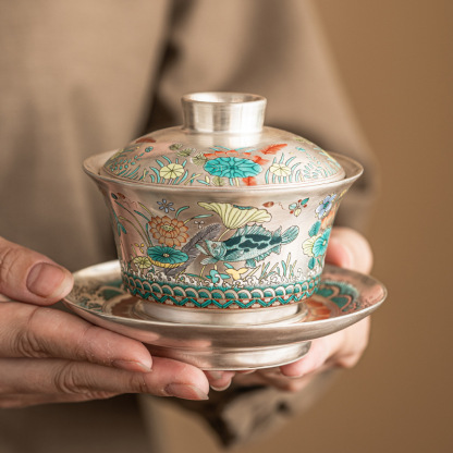 魚藻紋鎏銀三才蓋碗