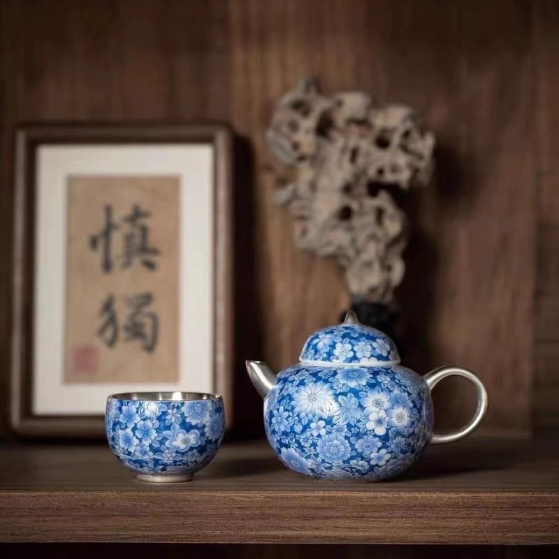 青花琺瑯鎏銀銀壺主人杯兩件套