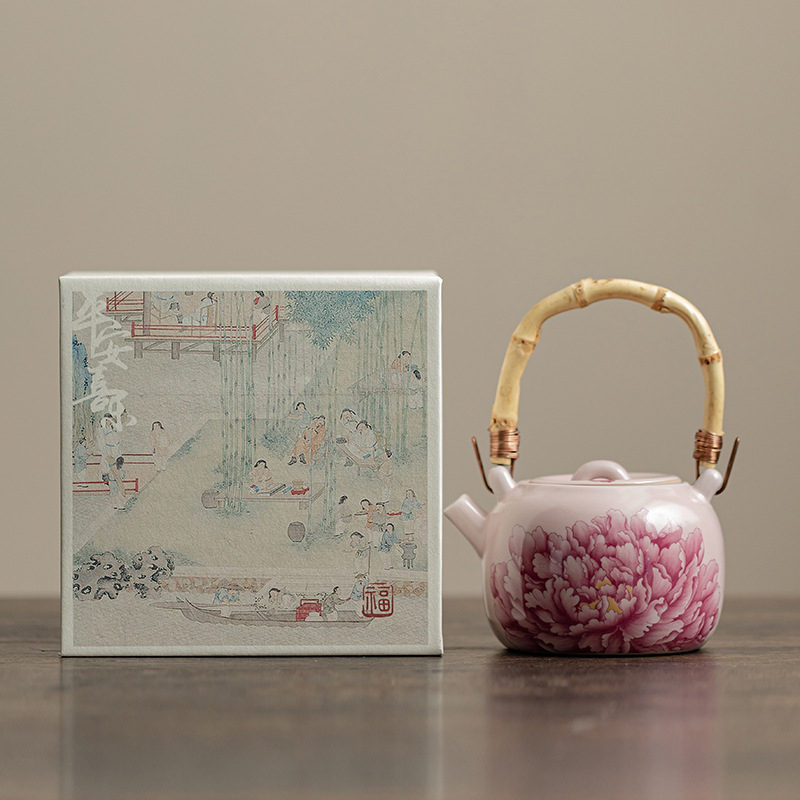 粉汝牡丹竹節提梁壺