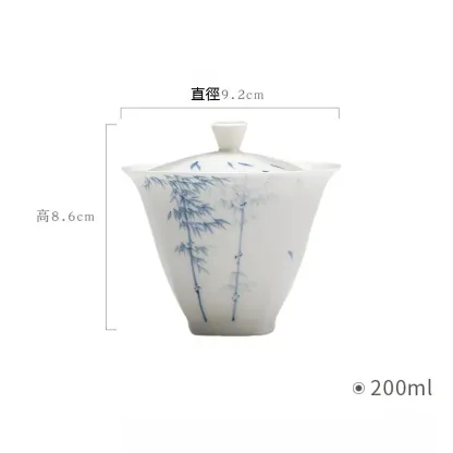 釉下彩玉泥白瓷手繪青花竹子蓋碗