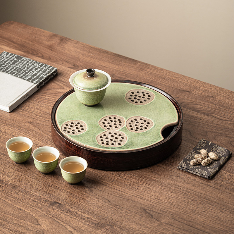 窯變星空翠綠復古茶盤