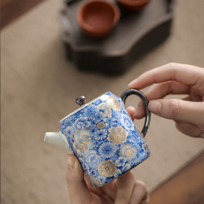繁花青花汝窯直身茶壺