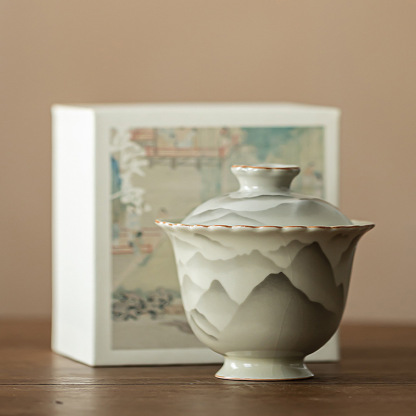 復古山山如花花口蓋碗