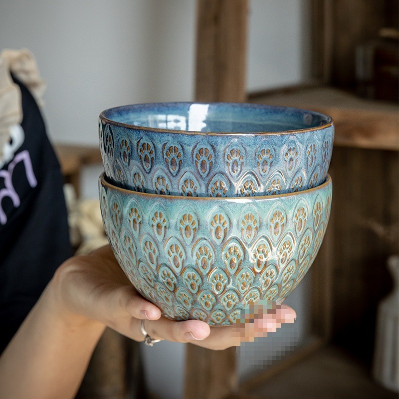 復古孔雀紋浮雕飯碗