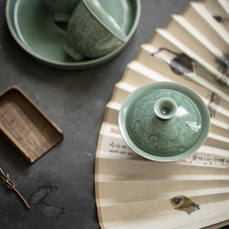 越窯梅子青瓷蓋碗茶具套裝伴手禮