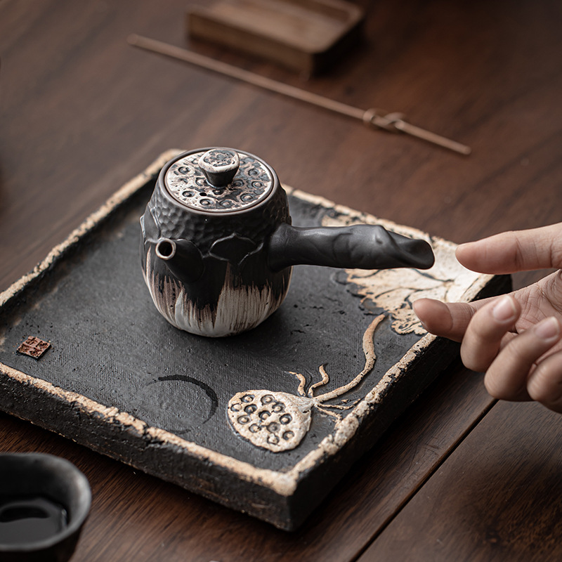 侘寂風粗陶側把壺