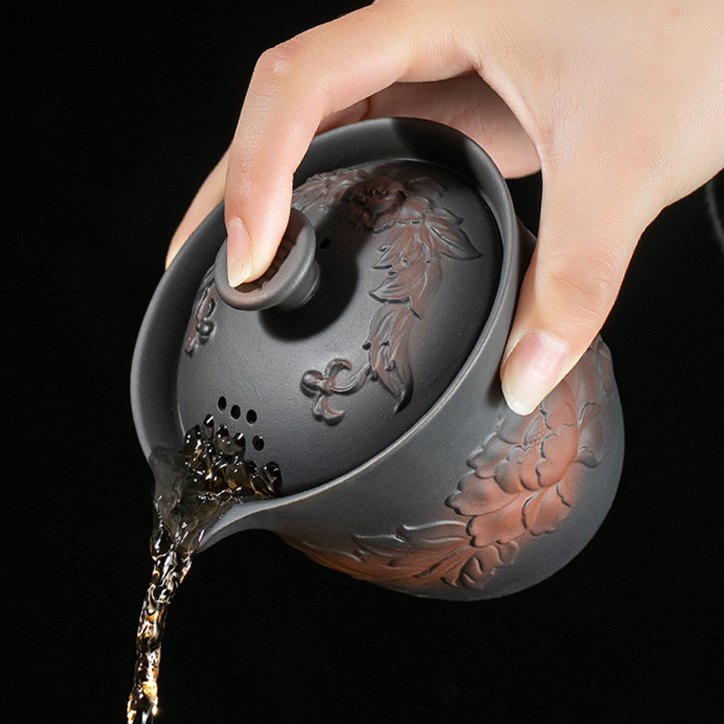 紫陶牡丹蓋碗茶壺