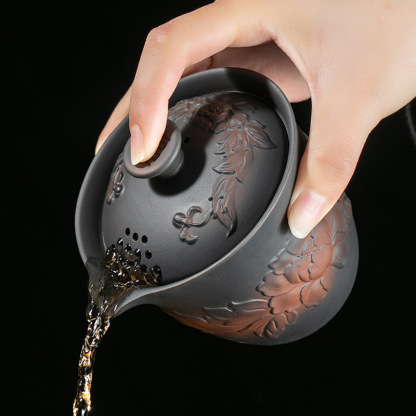 紫陶牡丹蓋碗茶壺