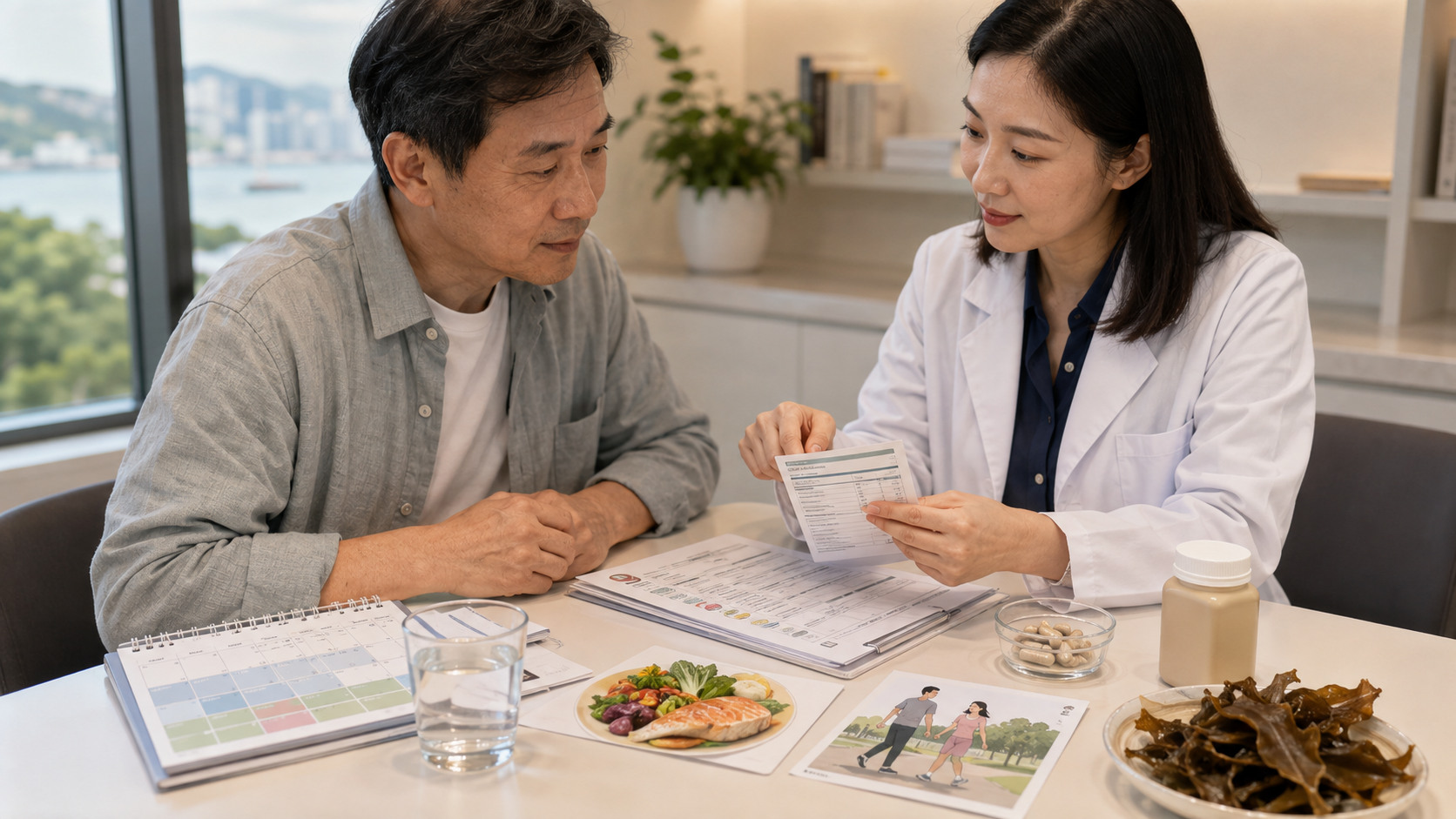 腫瘤科藥劑師與患者核對治療日曆完整藥單褐藻糖膠標籤薄血及手術安排