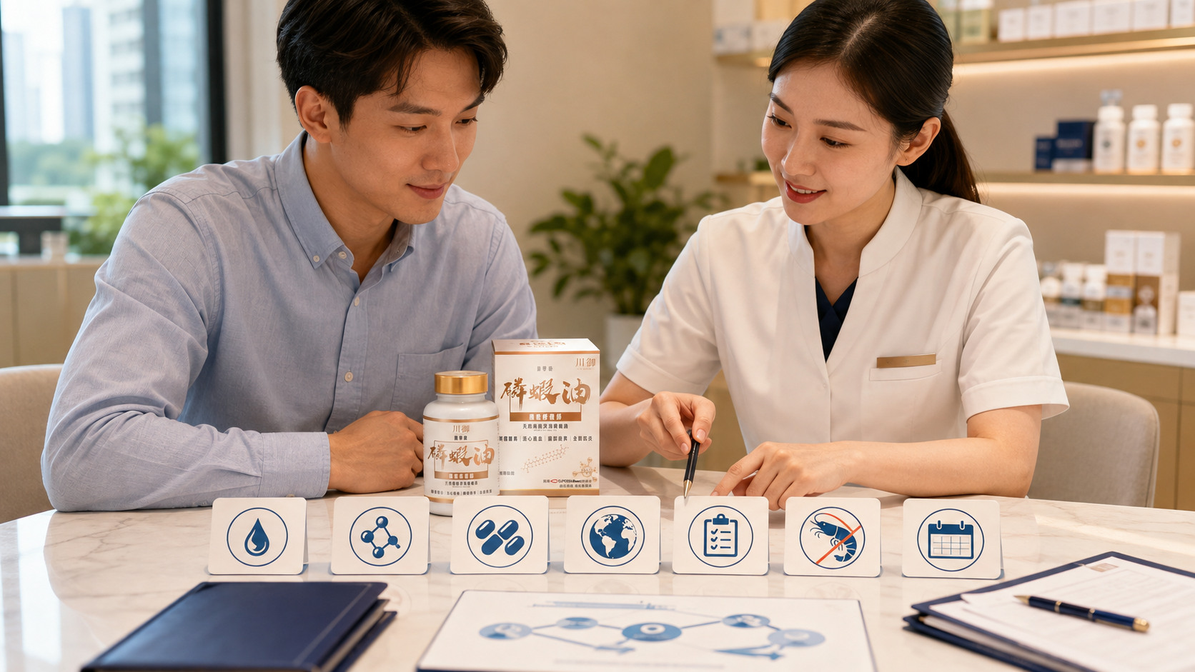 顧客與藥劑人員按 EPA/DHA、磷脂、每日粒數、來源、品質、過敏原及用藥資料核對川御南極磷蝦油