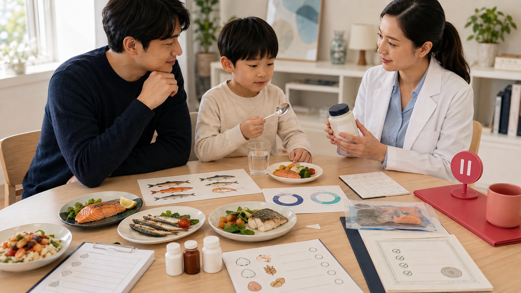 家庭Omega-3決策桌包括低汞魚年齡份量過敏藥物兒童標籤EPA DHA品質吞嚥能力目標覆檢與停用