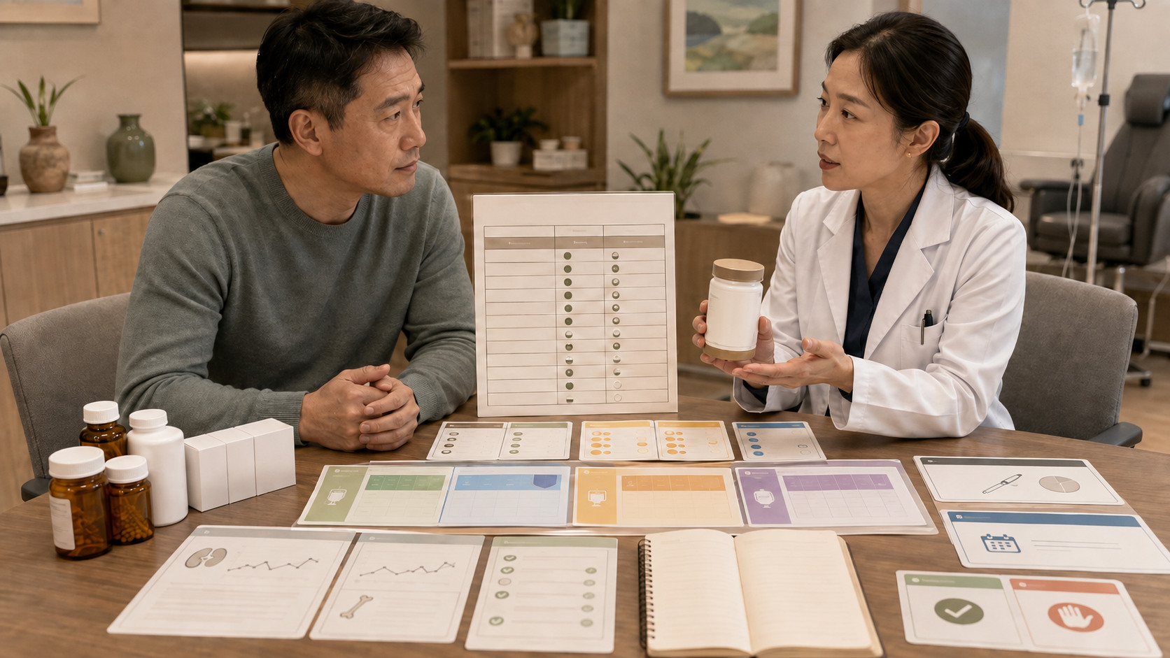 補充品藥物安全核對桌包括完整配方每日總量重複維他命D抗癌治療薄血藥免疫抑制手術腎臟血鈣副作用覆檢與停用