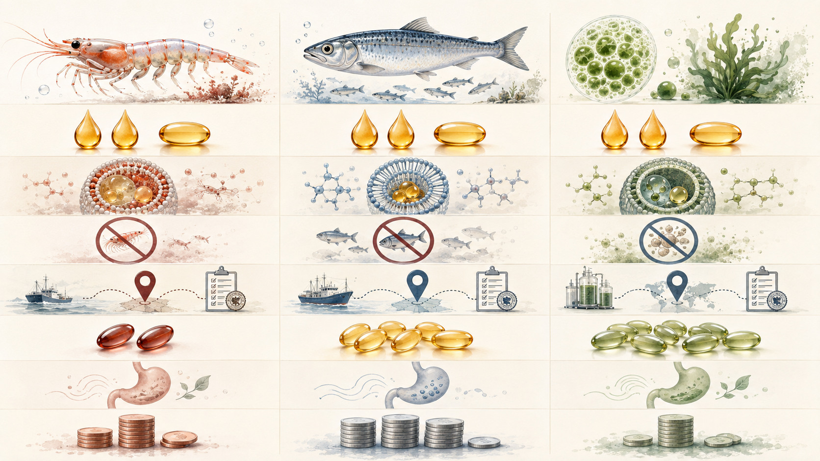 磷蝦油魚油藻油公平比較包括每日EPA DHA脂質形式來源過敏原追溯粒數耐受與30日成本