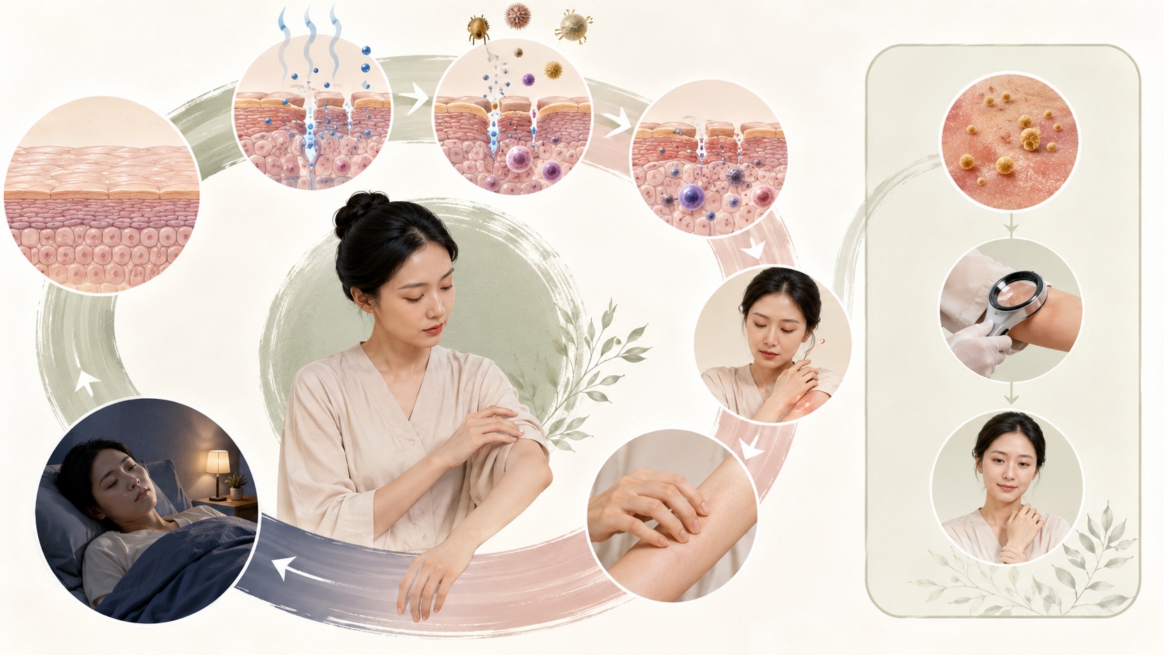 濕疹痕癢搔抓循環包括屏障裂隙水分流失刺激物進入炎症痕癢搔抓睡眠與感染風險